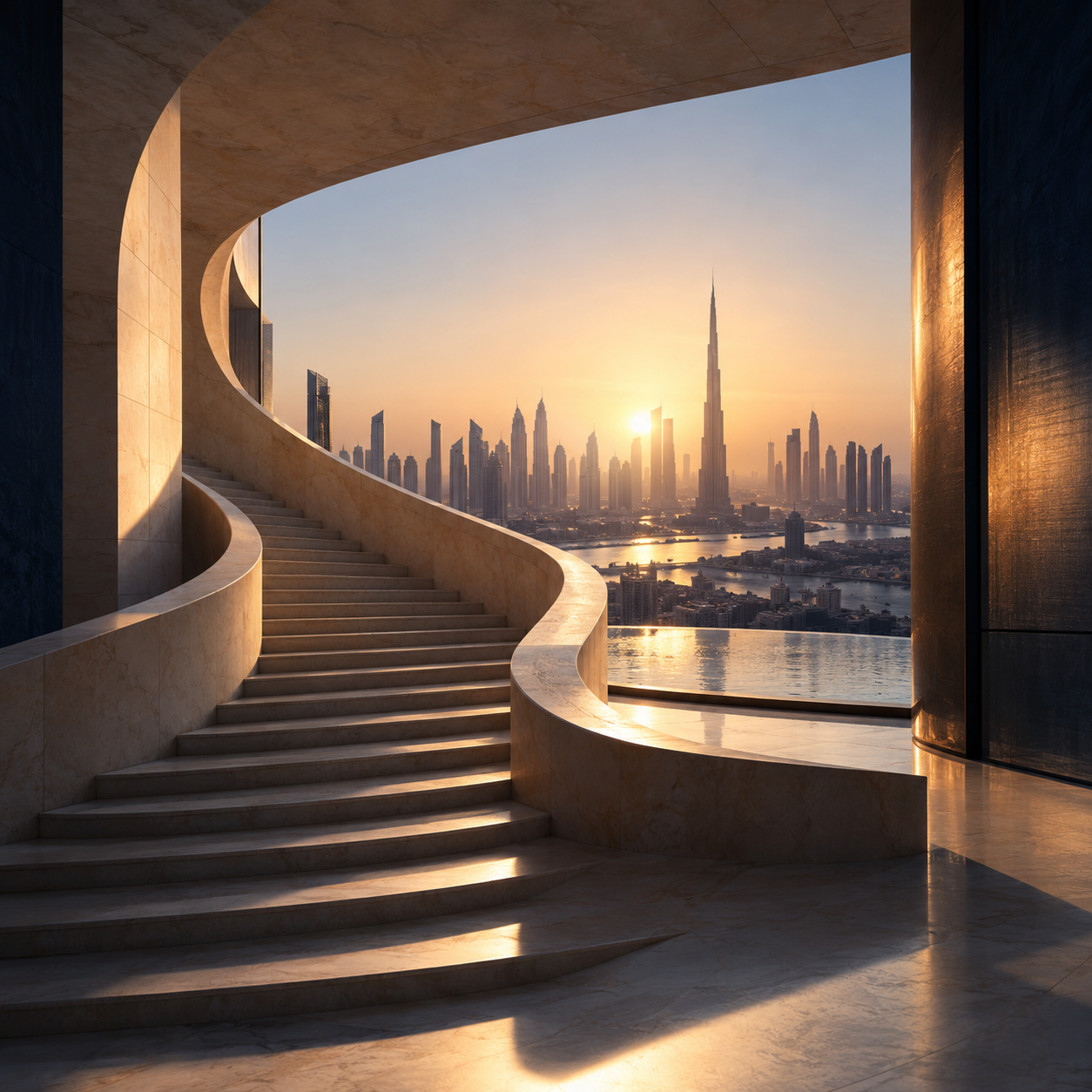 Sunlit sculptural staircase framing the Dubai skyline